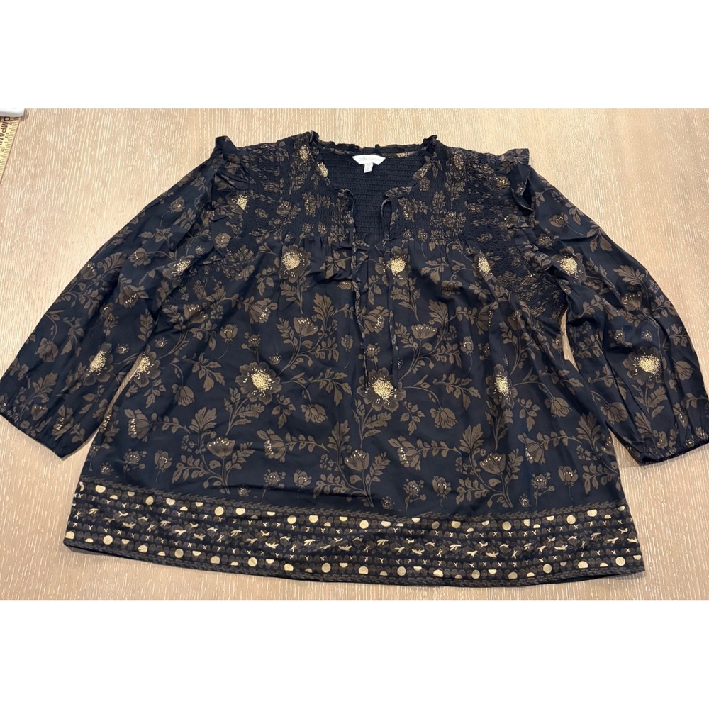 Crown & Ivy™ Black Floral Women's 3/4‎ Ruffle Sleeve Smocked Split Neck Top XXL